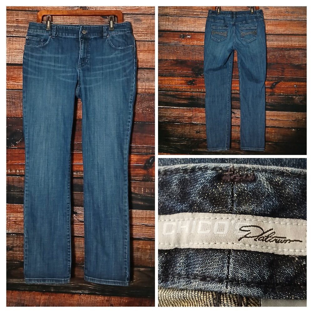 Chicos Platinum Jeans Size 1.5 US 10 Mid Rise Straight Embroidered Denim Stretch
